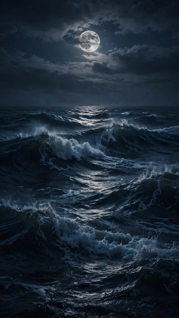 Midnight ocean waves under moonlight