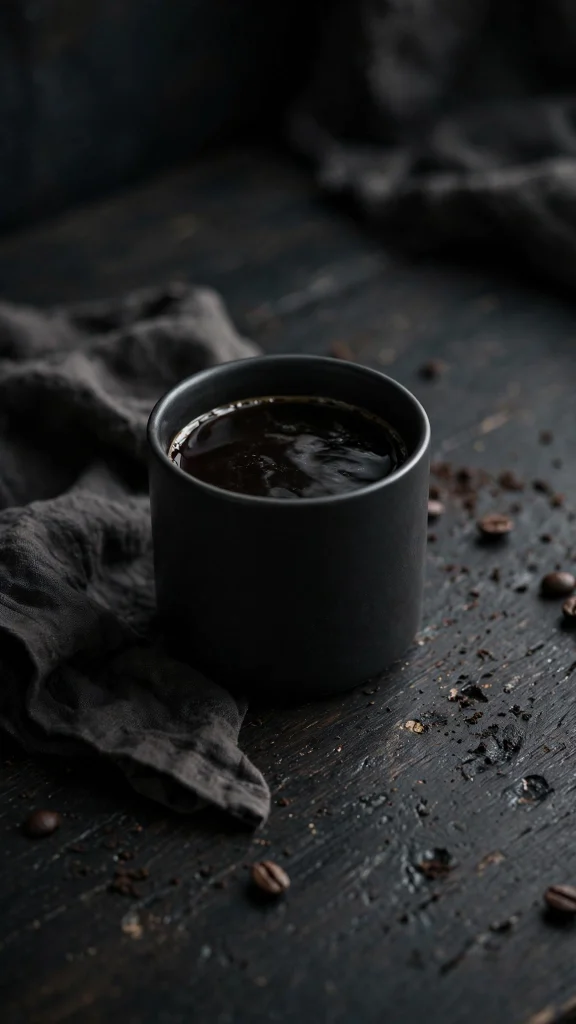 Minimal black coffee cup on dark table phone wallpaper