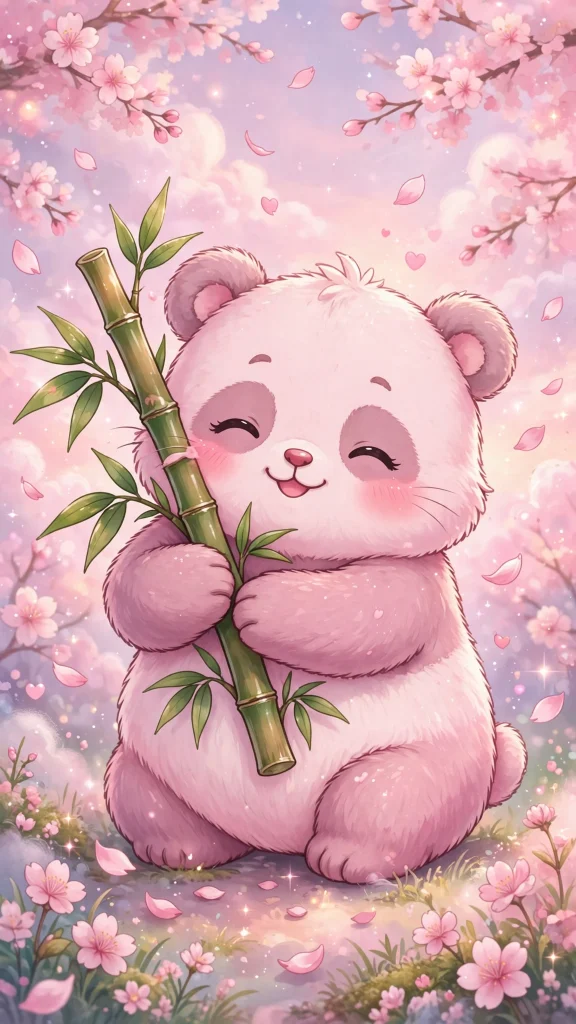 17 Cute Wallpaper Pink Lucu Ideas for Your Phone 3 Chubby pink panda hugging bamboo with cherry blossom petals