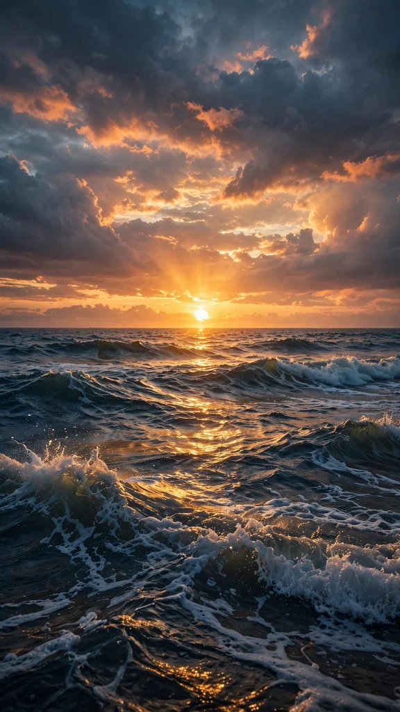 Ocean sunset with rolling golden waves