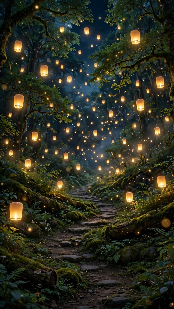 Forest path lit by floating golden lanterns at night