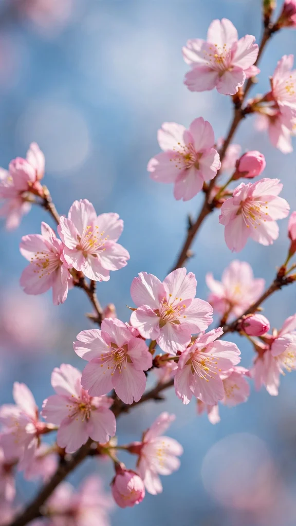 Cherry blossom branches against a soft blue sky