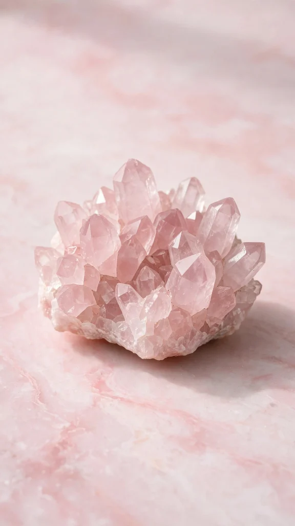 Rose quartz crystals resting on pastel pink marble