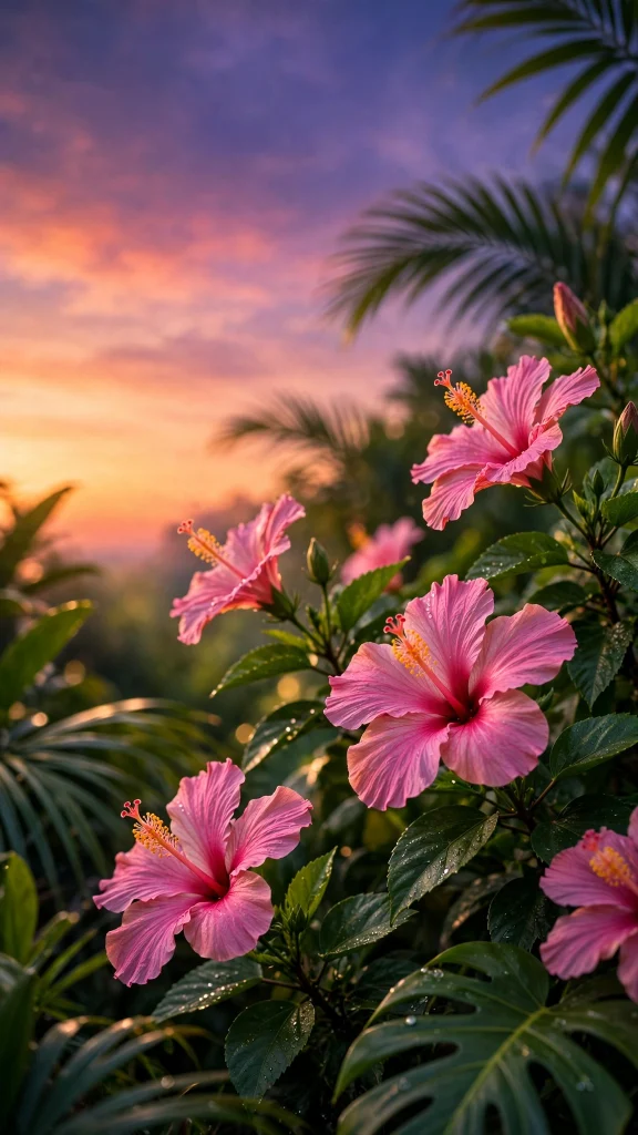 Tropical pink hibiscus at sunset wallpaper iPhone flowers