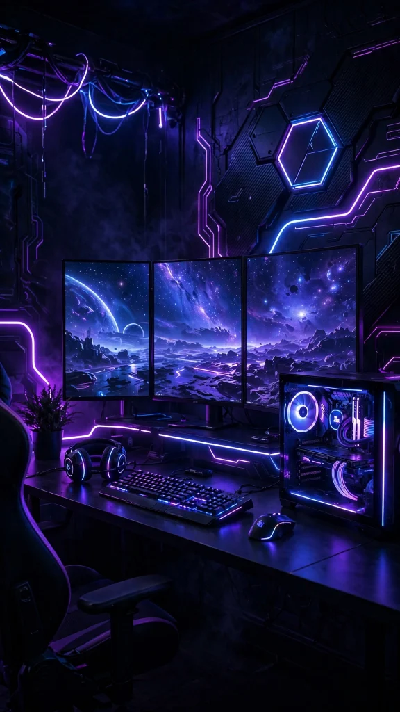 Gaming setup with RGB neon lights wallpaper
