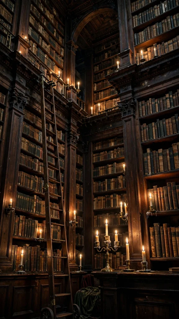 dark academia library wallpaper iphone tumblr with tall bookshelves and candlelight