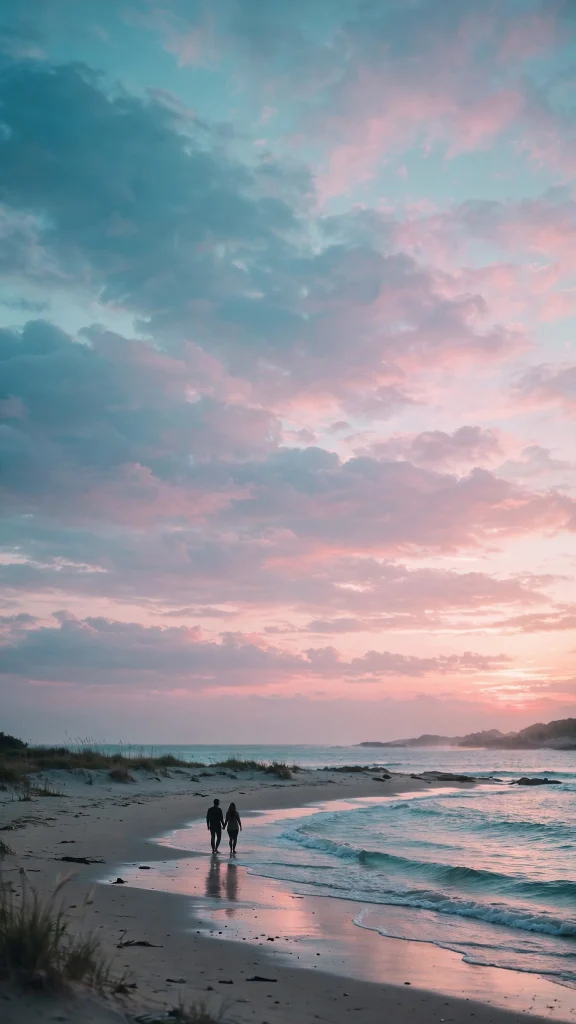 17 Best wallpaper aesthetic couple Ideas for You 3 Silhouette of a couple walking on a beach at dusk, teal and pink pastel sky