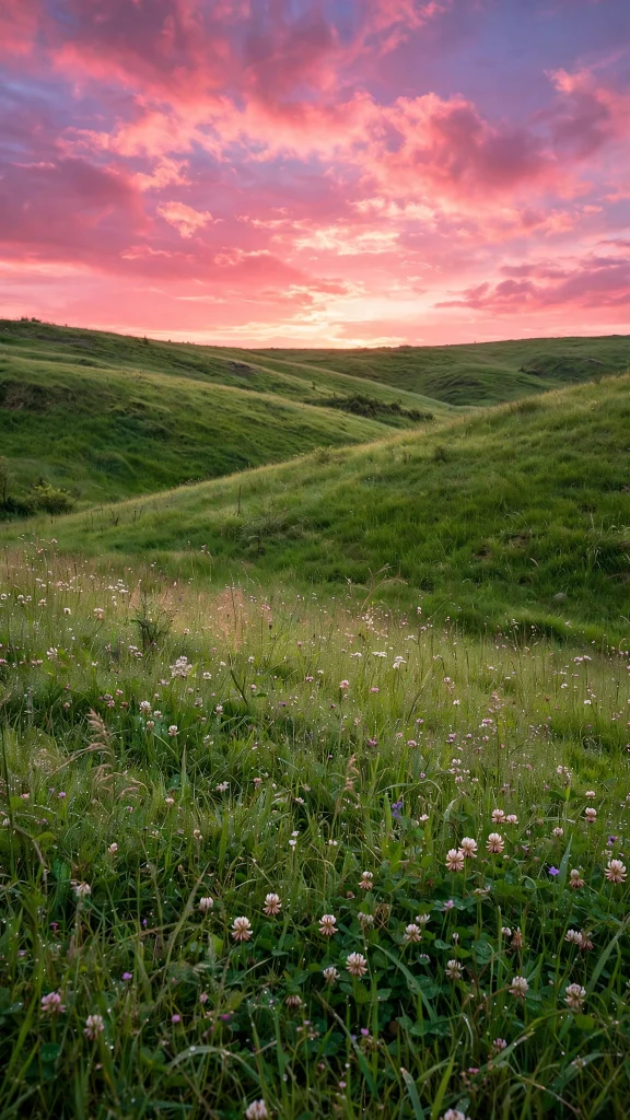 17 Fresh wallpaper pink and green for Your Phone 5 lush green meadow under a vivid pink sunset