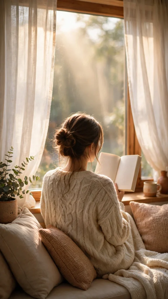 17 Best wallpaper iphone girl for Your Phone 16 Girl from behind reading a book in a sunlit window seat, cozy morning