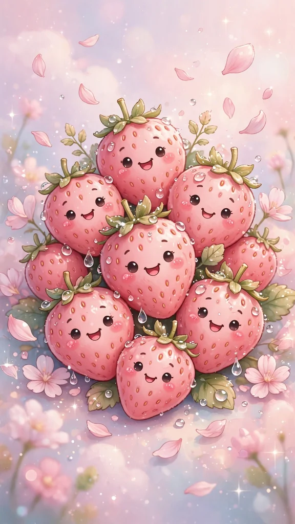 17 Cute Wallpaper Pink Lucu Ideas for Your Phone 15 Pink strawberries with smiling kawaii faces among petals