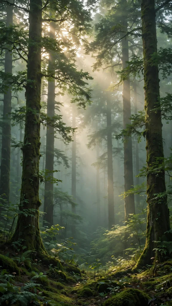 Misty green forest with soft fog and light rays