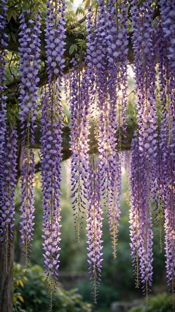 Purple wisteria flowers cascading clusters of blossoms