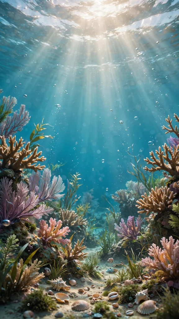 Underwater coral reef with bubbles and sunbeams