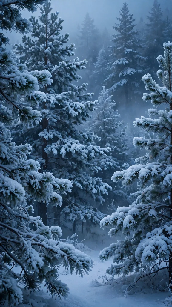 Snowy pine forest in cold blue winter light