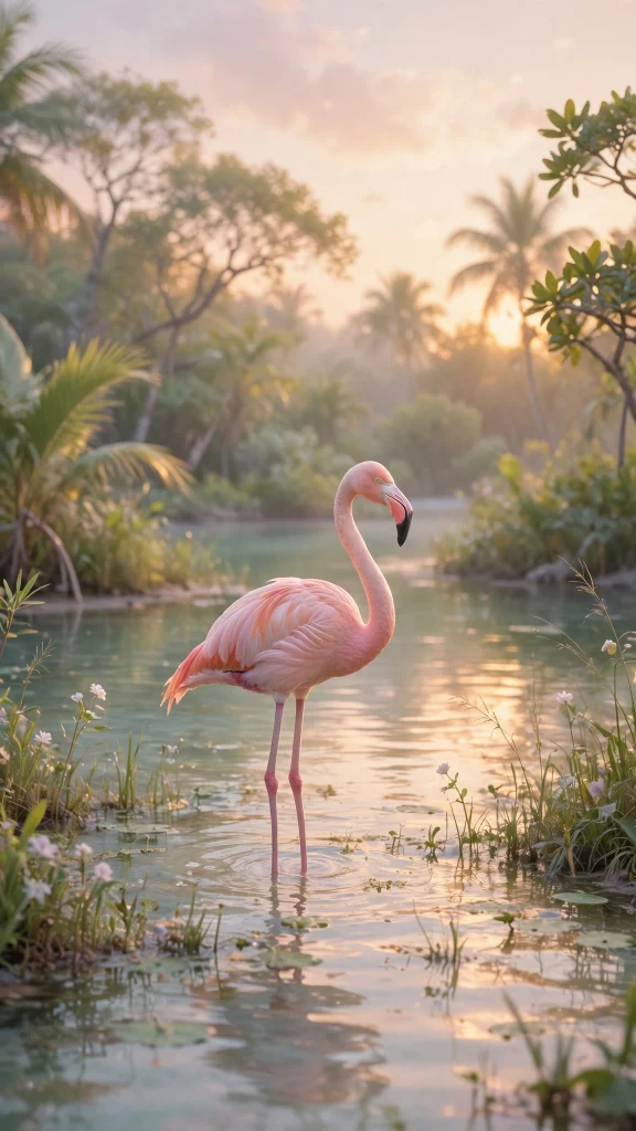 Pink flamingo standing in a shallow tropical lagoon at golden hour