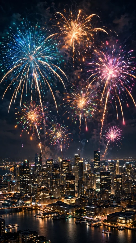 Fireworks bursting over a city skyline wallpaper