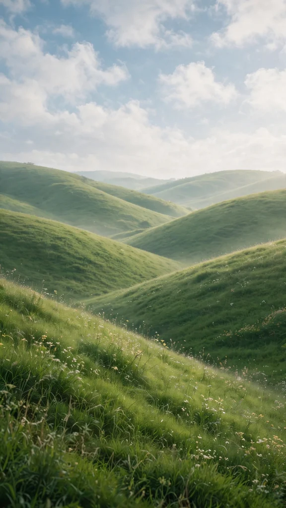 rolling green hills under soft white clouds