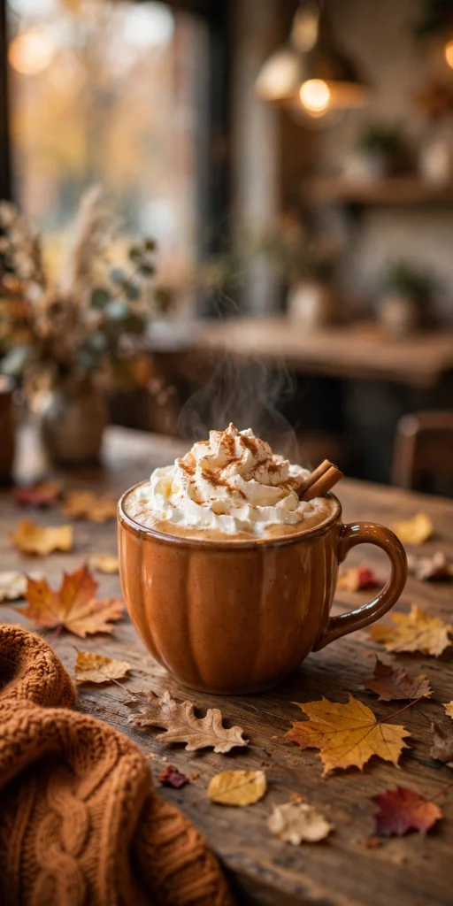 17 Cozy wallpaper iphone fall Ideas for Your iPhone 14 Steaming pumpkin spice latte with whipped cream and cinnamon in a cozy fall cafe