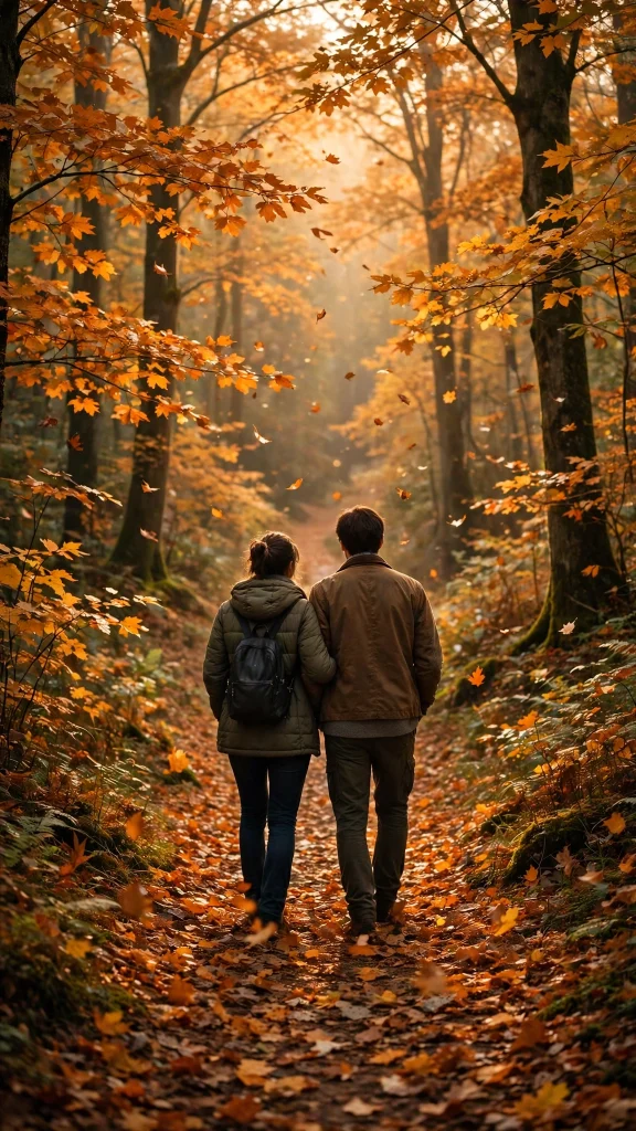 17 Best wallpaper aesthetic couple Ideas for You 12 Couple from behind walking a forest path covered in falling orange autumn leaves