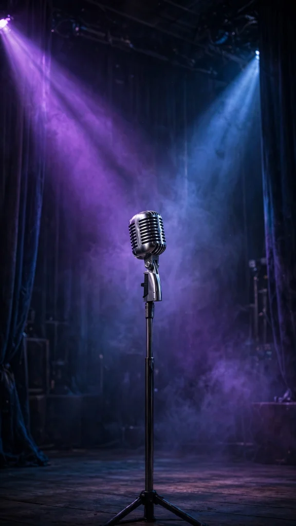 17 Best Wallpaper Iphone Kpop Ideas for Fans 14 Vintage chrome microphone on stage with purple and blue spotlights
