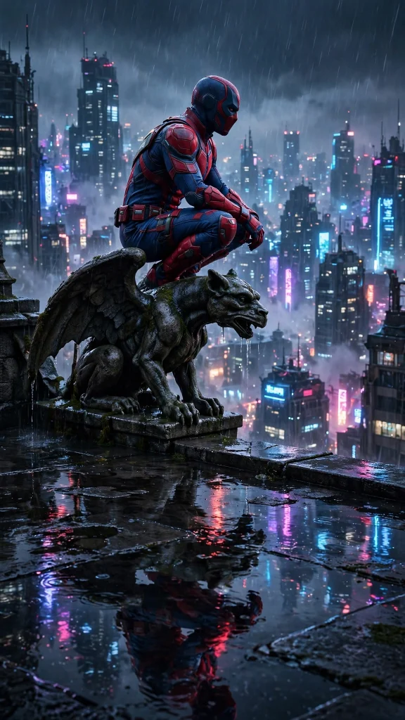 17 Cool Wallpaper Iphone Spiderman Ideas 3 Masked red and blue hero perched on gargoyle over rainy neon city