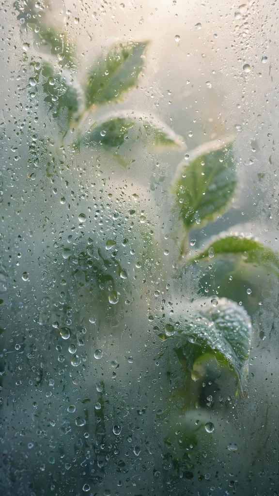 dewy green leaves seen through glass wallpaper iphone ios 26