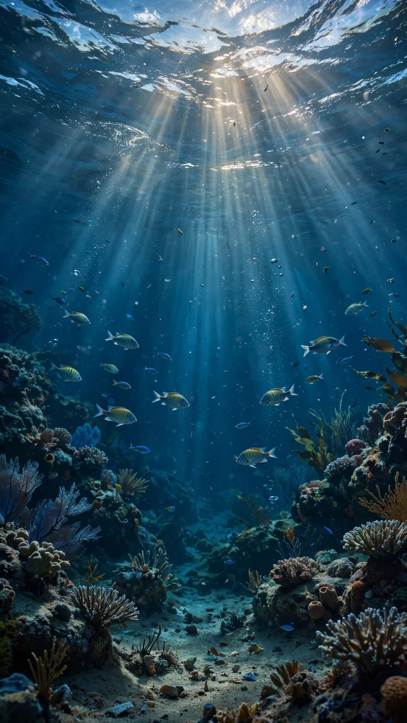 Deep blue sea underwater with sun rays wallpaper backgrounds blue