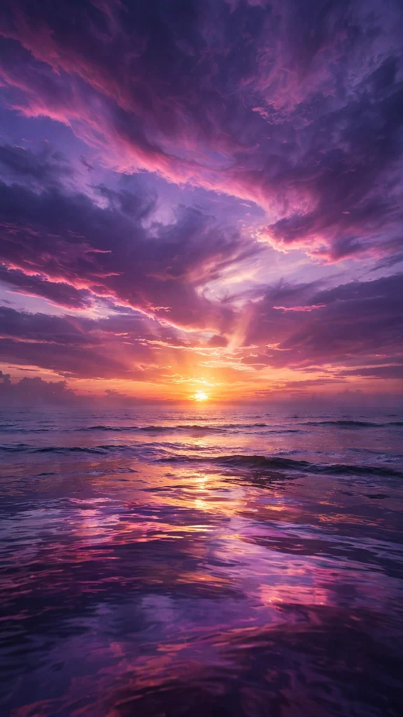 Purple sunset over the ocean with glowing reflections