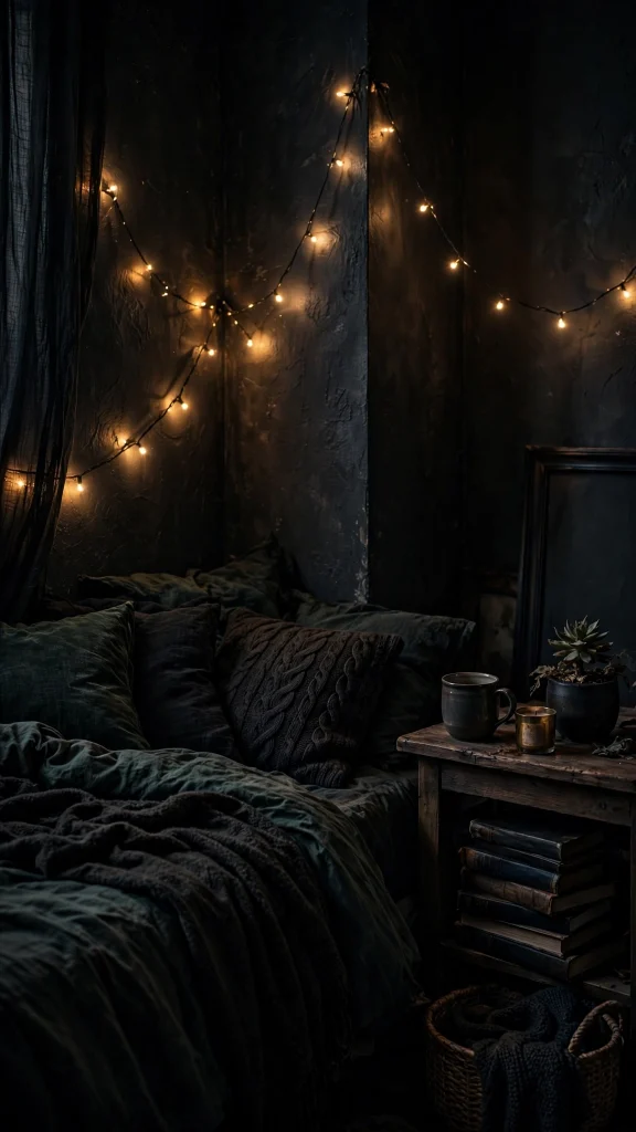 17 Wallpaper Aesthetic iPhone Homescreen Ideas 15 dark moody room with string lights wallpaper