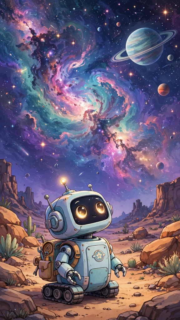 Cute robot explorer gazing at a galaxy nebula