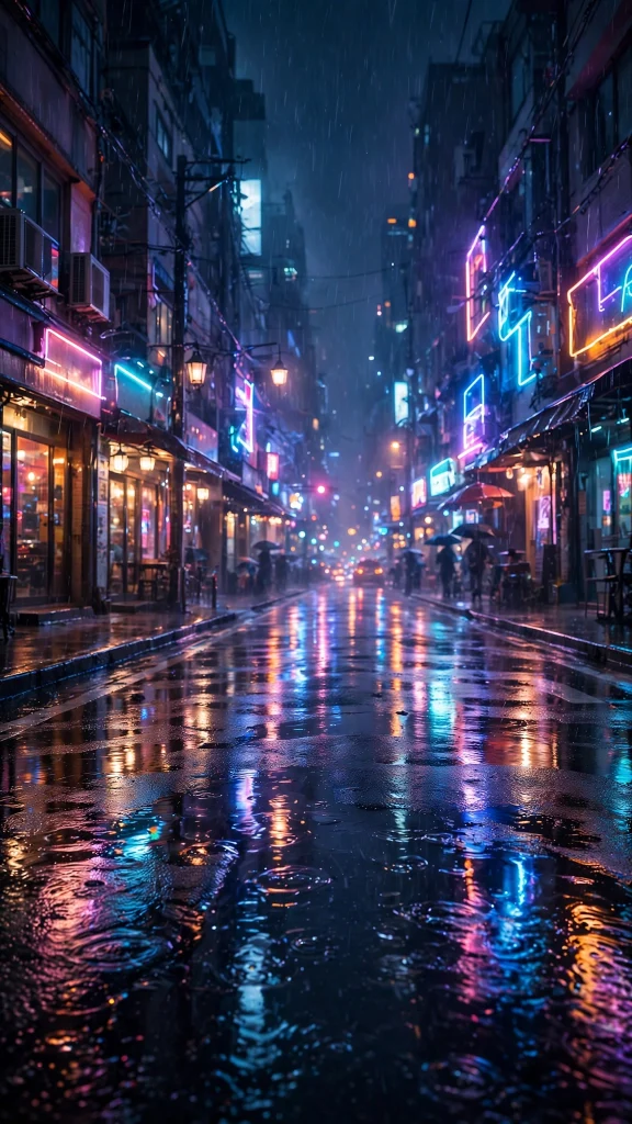 Neon lit city street in the rain at night