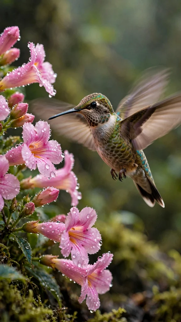 Hummingbird hovering beside pink flowers wallpaper
