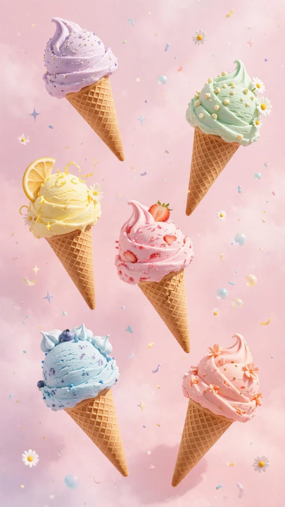 Pastel ice cream cones on a pink background, wallpaper aesthetic summer
