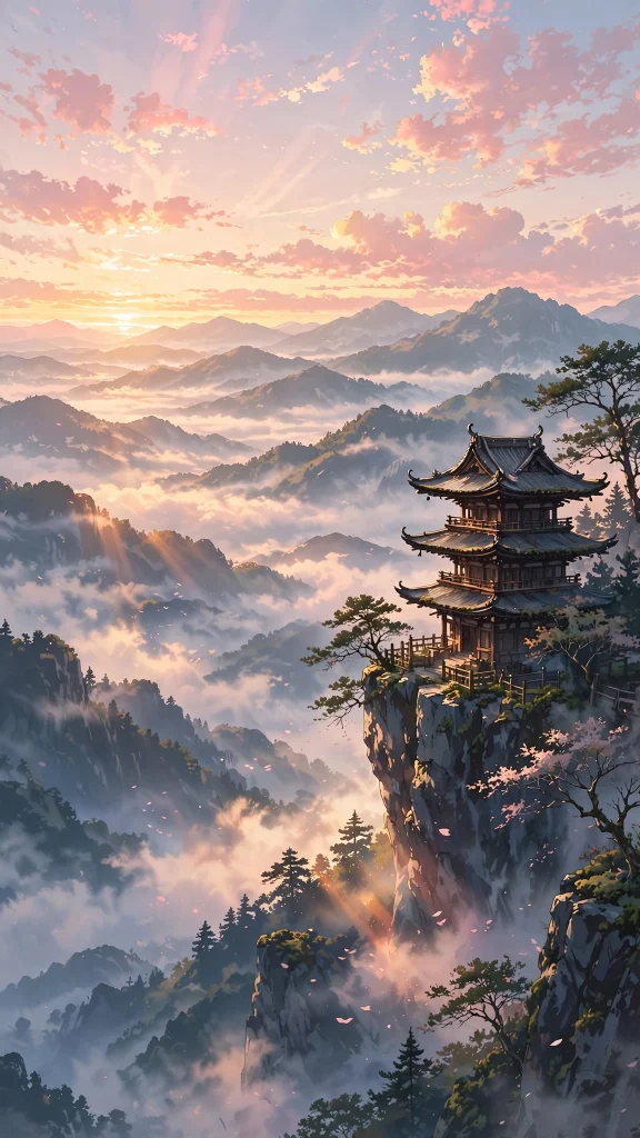17 Beautiful Wallpaper Backgrounds Anime for Screens 10 Anime mountain landscape with pagoda at dawn