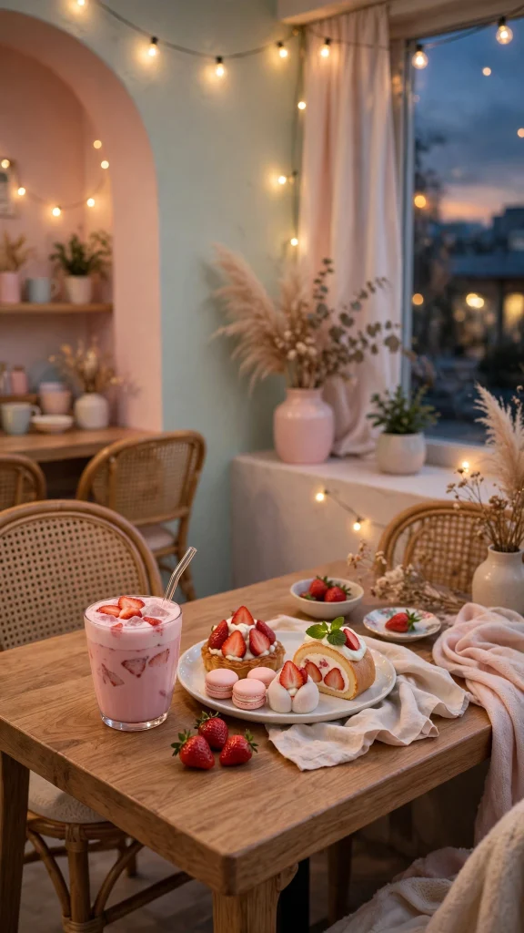 17 Best Wallpaper Iphone Kpop Ideas for Fans 11 Cozy Korean cafe aesthetic with pink strawberry latte and desserts