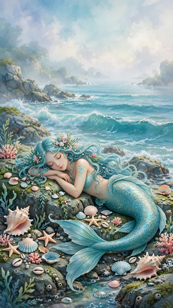 17 Best wallpaper iphone girl for Your Phone 11 Stylized mermaid illustration resting on ocean rocks by the sea, turquoise waves