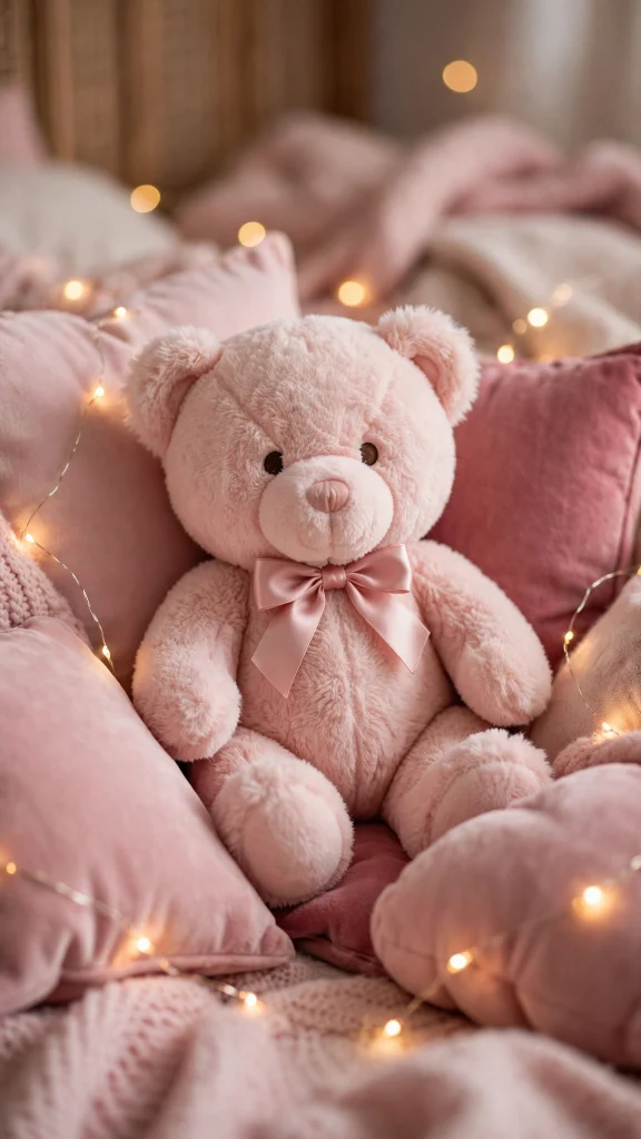 17 Best Wallpaper Iphone Pink Aesthetic Ideas 7 Blush pink plush teddy bear with satin bow on pink velvet cushions
