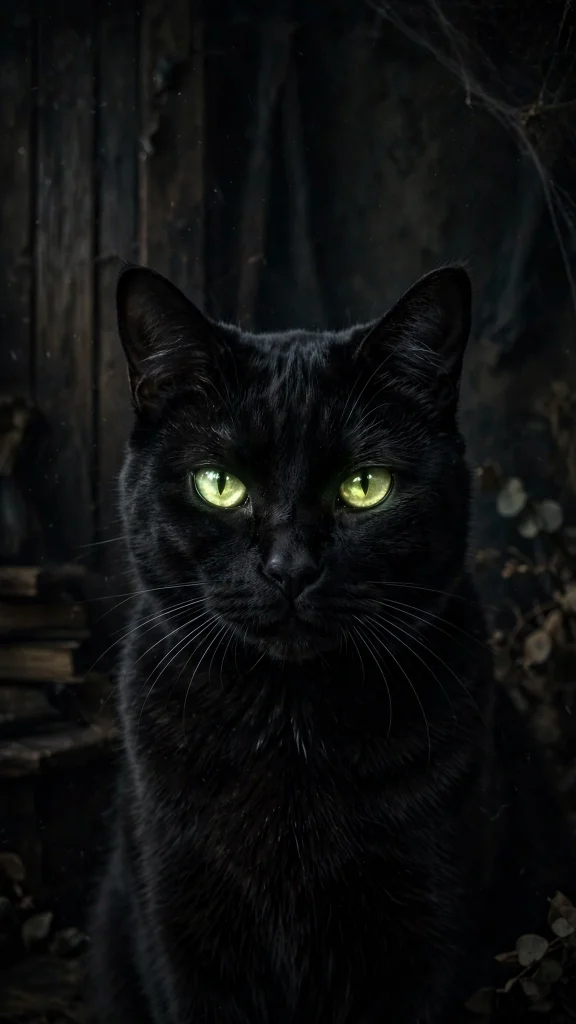 Black cat with glowing eyes in dark room wallpaper iphone dark