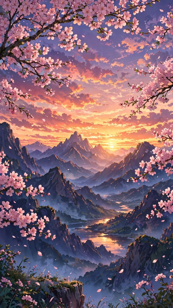 Anime style mountain landscape at sunset