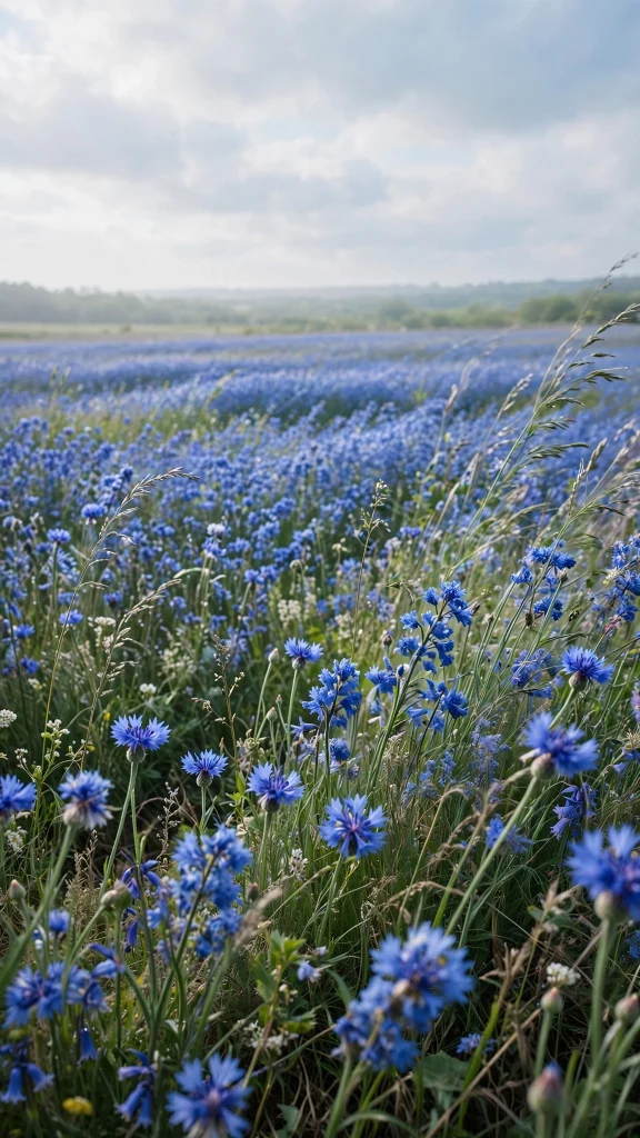 Wide field of blue flowers under a soft sky wallpaper backgrounds blue