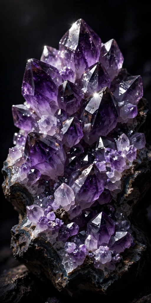 Purple amethyst crystals sparkling in deep violet