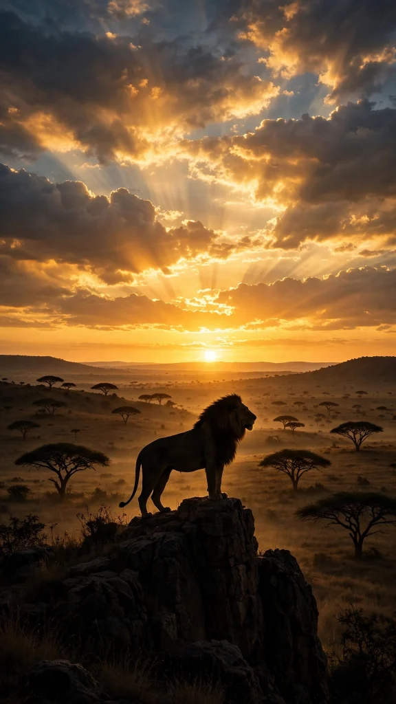 Majestic lion silhouette on a rock at sunrise
