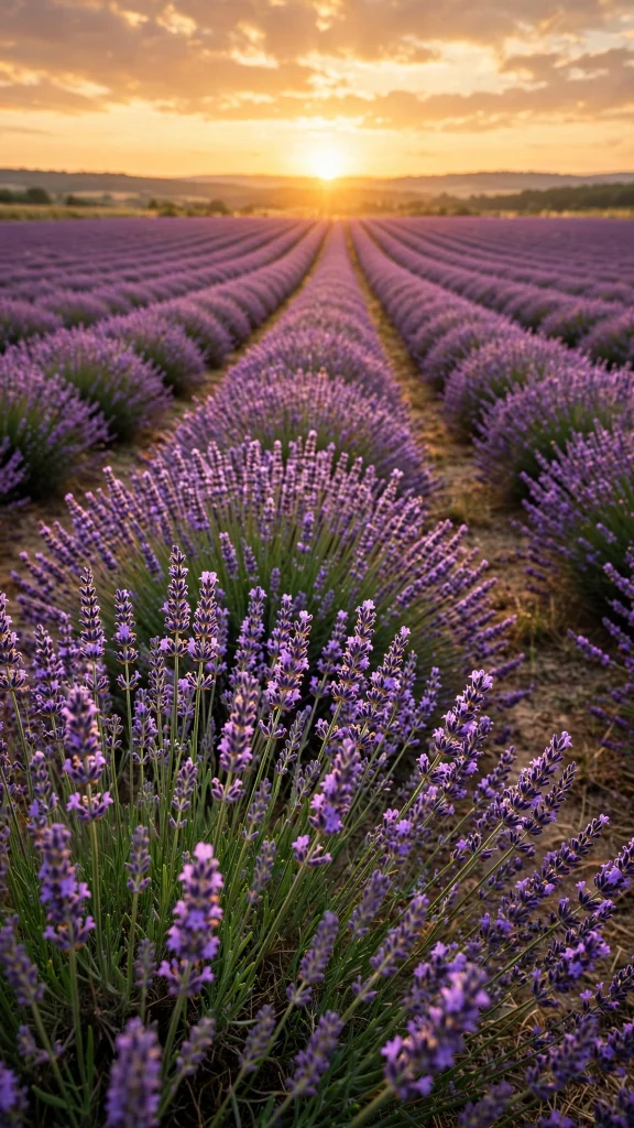Lavender field rows at golden sunset
