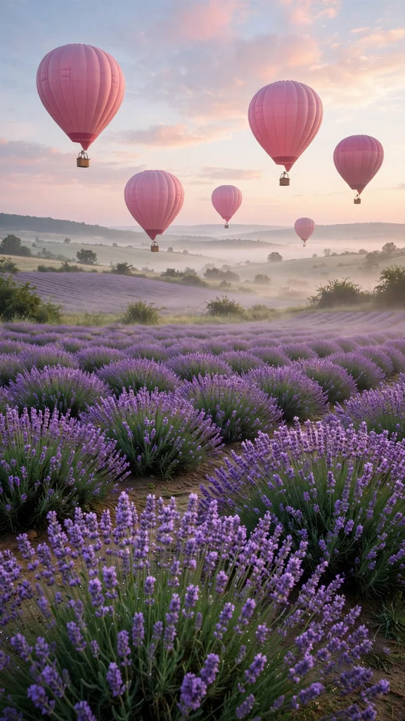 Pink hot air balloons floating over lavender fields at dawn