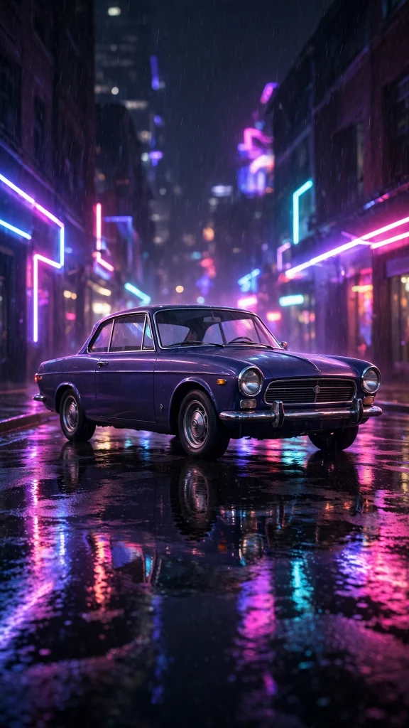 retro car wallpaper iphone tumblr scene with neon reflections on wet asphalt