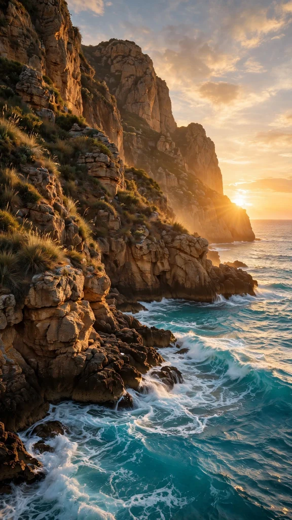 Golden hour coastline with cliffs and warm light, wallpaper aesthetic summer