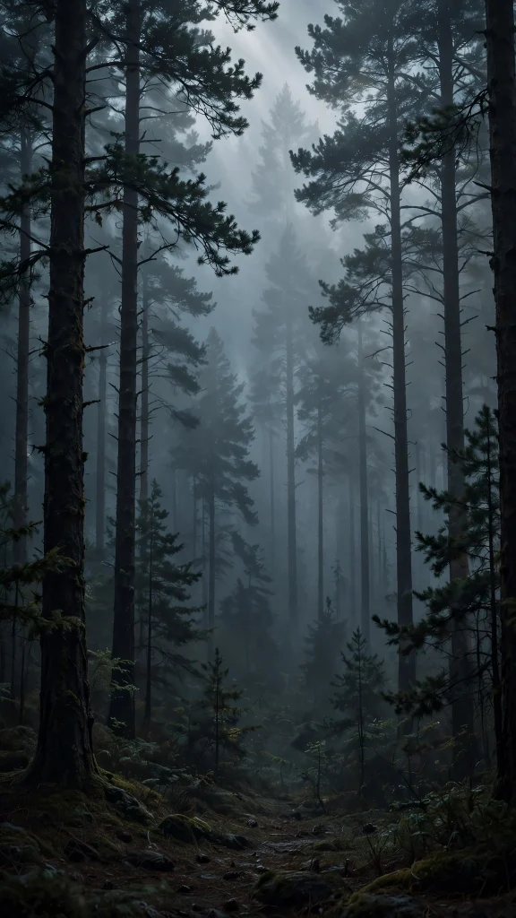 foggy pine forest fading into mist