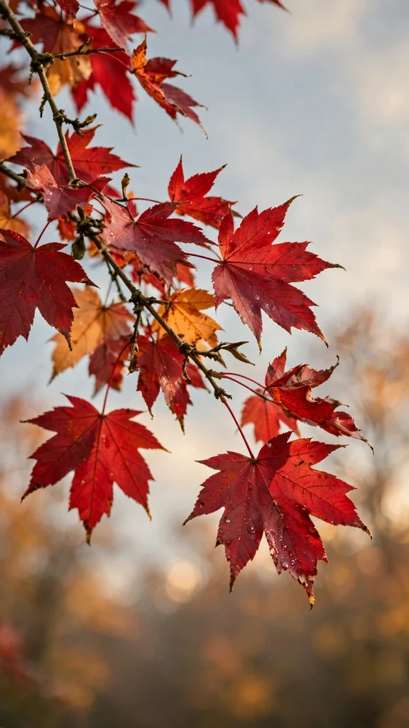 17 Cozy wallpaper iphone fall Ideas for Your iPhone 4 Red maple leaves on a branch with water droplets, soft sky background
