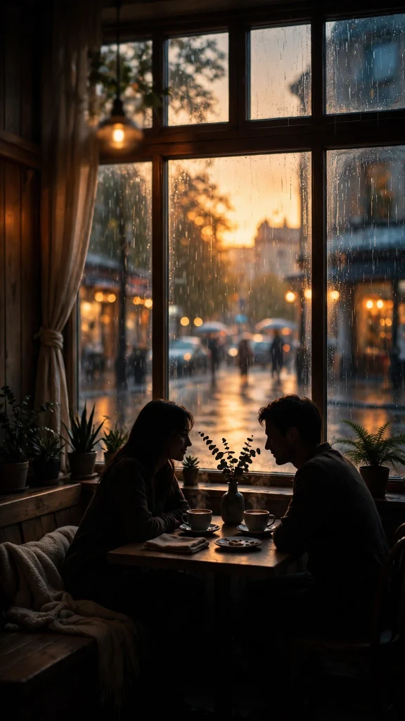 17 Best wallpaper aesthetic couple Ideas for You 16 Cozy coffee date silhouettes in a cafe window at golden hour, rainy street outside