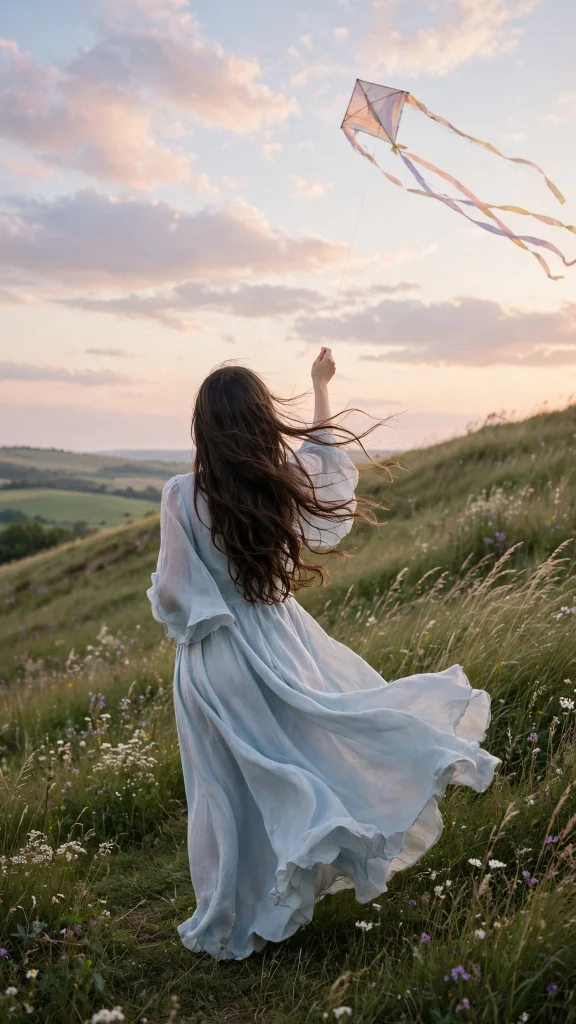 17 Best wallpaper iphone girl for Your Phone 6 Girl from behind flying a kite on a windy grassy hill, pastel sky